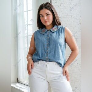 90s Embroidered Denim Vest with Floral Collar